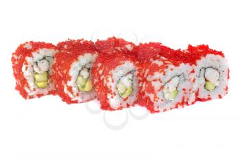 sushi rolls with sesame cucumber and shrimp isolated on white