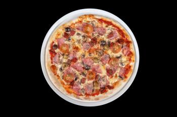 pizza with ham and mushrooms isolated on black