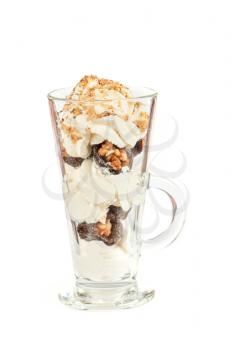 Vanilla ice cream in bowl with nuts  on white background