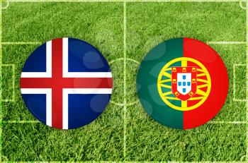 Iceland vs Portugal icons at football field background