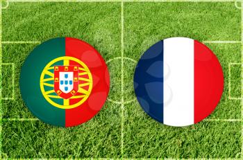 Portugal vs France icons at football field background