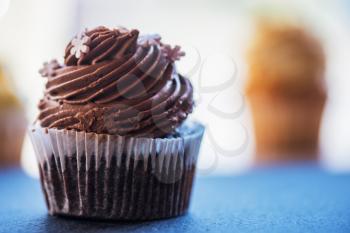 Chocolate cupcakes desert cream on a stone background