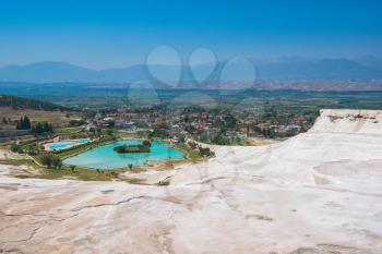 Panoramic view of Pammukale near modern city Denizli, Turkey. One of famous tourists place in Turkey.