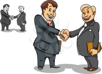 Two cartoon smiling businessmen contacting and making handshake