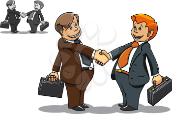 Two cartoon smiling businessmen meeting and communicating