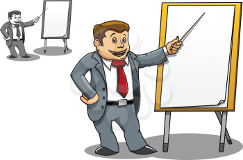 Cheerful businessman making a presentation near the blank board