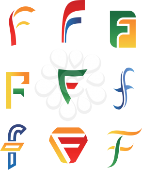 Set of alphabet symbols and icons of letter F