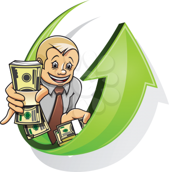 Cheerful businessman with dollars for raising money concept