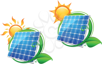 Solar energy panel icon with sun and green leaves for ecology or innovation concept