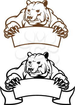 Wild kodiak bear with banner as a mascot isolated on white