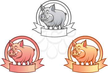 Cartoon farm pig mascot with ribbon for agriculture concept