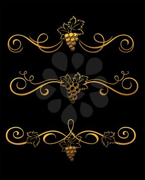 Set of golden grape borders for design