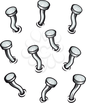 Set of bent nails on wall in cartoon style