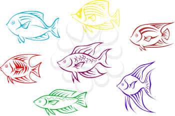 Set of seven aquarium fish silhouettes for design