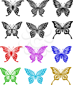 Butterfly set in colorful and monochrome style for tattoo or embellishment