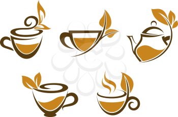 Cups of tea with brown leaves for fast food or herbal drinks design