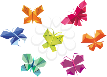 Colorful decorative butterlies in origami paper style isolated on white background