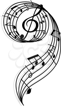 Musical curly elements with clef and notes. Vector illustration for art and entertainment background