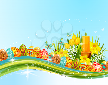 Easter egg and flower banner. Patterned Easter egg with spring flower bunch of tulip, lily and narcissus, green grass and flaming candle greeting card with copy space on blue background