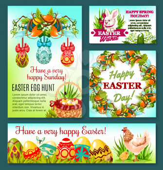 Easter Egg Hunt rabbit cartoon banner template. Easter eggs in green grass with bunny, chicken, egg hunt basket and chick, spring flower wreath of lily and tulip with ribbon bow. Easter holiday design