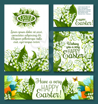 Easter floral greeting card and banner template set. Easter eggs, flowers of lily and snowdrop with green leaf and butterfly. Easter spring holidays festive poster design with text layout