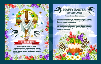 Easter posters set with Crucifix, paschal cake and eggs. He is Risen design cross with Christ shroud decorated by floral wreath and spring flowers and willows bunch. Vector greeting for Easter religio