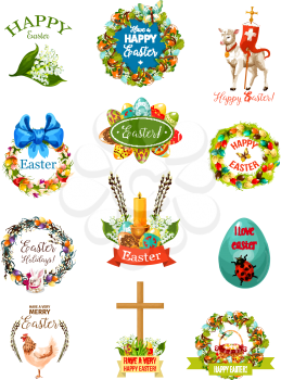 Easter cartoon label and badge set. Easter egg floral wreath of spring flowers with rabbit bunny, egg hunt basket, chicken, chick, Easter lamb, cross, ribbon, bow, butterfly and willow tree twigs
