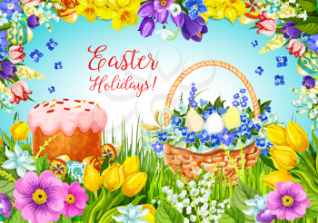 Happy Easter greeting card paschal hunt eggs, cake and flowers bunch of crocuses, daffodils and spring tulips in wicker basket Vector design template for Easter or Resurrection Sunday religion holiday