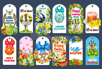 Easter Egg Hunt tag set. Easter egg in grass with rabbit bunny, spring flowers, cake, chicken chick, basket, floral wreath with ribbon, Easter cross, butterfly, swallow bird, willow twig cartoon label
