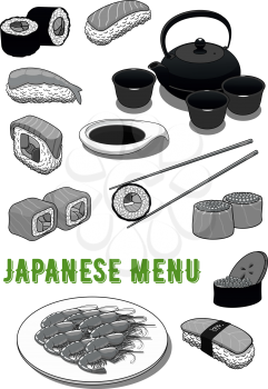 Japanese menu icons of sushi and seafood rolls, salmon sashimi rice, green tea pot and cups set, shrimp or prawn tempura and soy sauce with chopsticks. Vector symbols set for restaurant or sushi bar