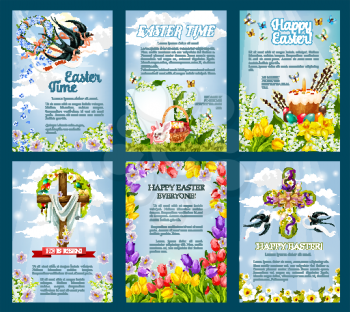 Easter poster template set. Egg Hunt invitation flyer of Easter egg with rabbit bunny, spring flower cross and wreath with ribbon, Easter cake, basket, crucifix and swallow bird on blue sky background