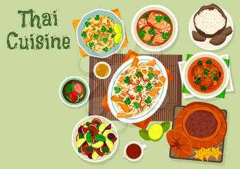 Thai cuisine icon with coconut rice, shrimp mushroom soup, fish ball curry, meat vegetable salad, rice noodle with chicken and sauce, chicken noodle with tofu, cream dessert baked in pumpkin