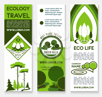 Ecology banner template set. Eco travel, green building and architecture, landscaping, eco friendly business and sustainable living posters with nature landscape of forest and park green trees