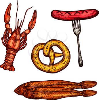Grilled sausage, pretzel, crayfish or lobster, dried and salted fish sketch set. Beer snack food isolated icon for bar and pub menu, Oktoberfest themes design