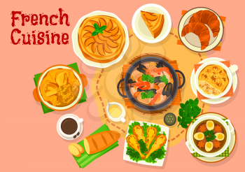 French cuisine popular national dishes icon of onion soup with cheese, seafood soup, mushroom chicken casserole julienne, croissant, baguette, beef in aspic, battered frog legs, apple pie