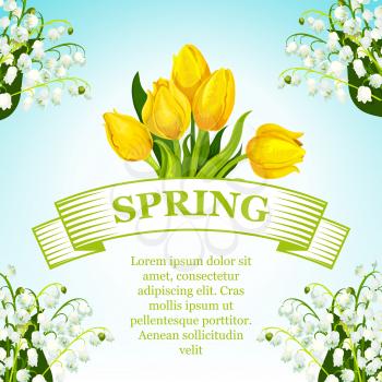 Spring vector poster of yellow tulips bunch and springtime lily of valley wreath. Floral design of blooming flowers and ribbon for Hello Spring or march holidays greeting