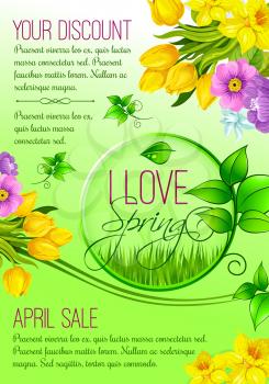 Spring Discount Sale vector poster for shopping promo. Springtime holidays design of blooming yellow tulip flowers, grin spring leaves and lily of valley bouquets and blossoms