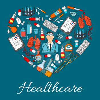 Healthcare symbol of medical vector icons in heart shape. Medicine and health symbols of doctor, lungs, microscope, heart, blood, dna, x-ray, pill, drug, drops, syringe, thermometer, stethoscope, drop