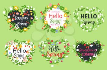 Spring greeting vector icons and heart wreath of flowers. Hello Spring quotes isolated set design for springtime holidays. Garden or forest blooming snowdrop and tulip flowers or berries with flourish