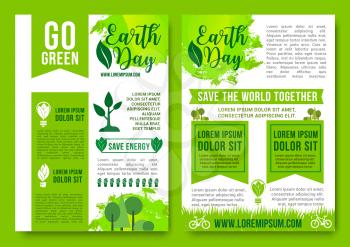 Save Earth and Go Green vector posters design of nature ecology conservation and environment pollution. Global world recycling and green energy concept. Forest trees and eco woodland plants