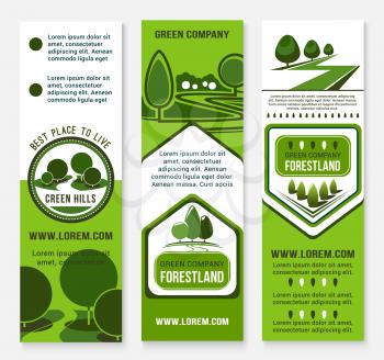 Green building and eco sustainable living banner template. Ecology friendly business card and flyer set with green nature landscape of forest tree and plant for green building, eco real estate design