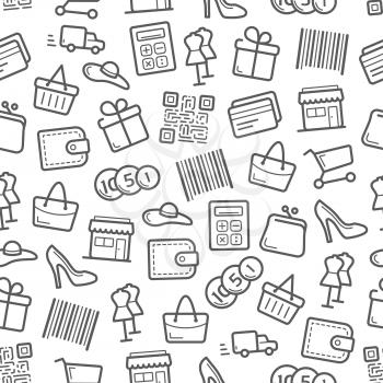 Sale and shopping seamless pattern background. Basket, gift box, money, clothes, bag, shoes, retail store, credit card, calculator, wallet, coin, trolley, barcode, delivery truck and qr code