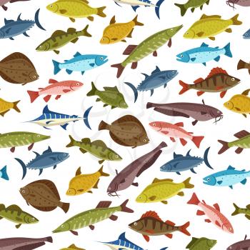 Fish seafood seamless pattern background of swimming tuna, salmon, trout, perch, bass, marlin, flounder, sheatfish, pike, carp and herring. Sea and freshwater fish, fishing sport themes design