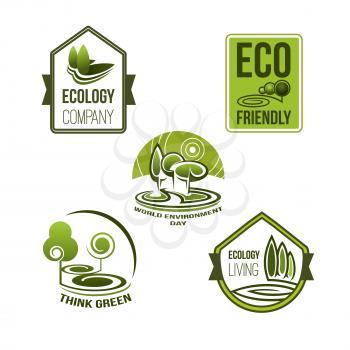 Eco business and green living icon set. Green badges with nature views, tree and leaf for eco friendly company emblem, think green concept and world environment day themes design