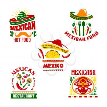 Mexican fast food restaurant emblem set. Mexican cuisine taco and chilli pepper with sombrero hat, maracas, cactus, fork and spoon symbol decorated with spicy herbs and traditional mexican ornament