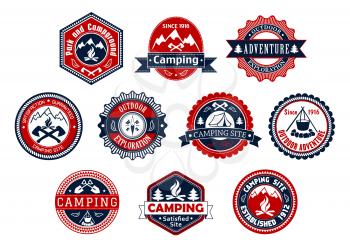 Camping site and outdoor adventure badge set. Mountain and forest campground stamp label with campfire, tent, compass, axe, shovel and ribbon banner. Travel, tourism, exploration or expedition design