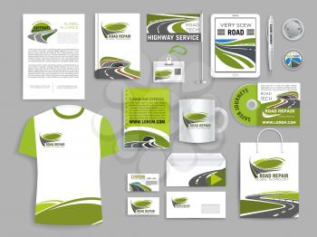 Corporate identity template for road building company. Office stationery, document page layout, business card, cover and folder with highway tunnel, road bridge and asphalt freeway brand symbols