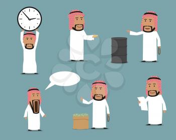 Arab businessman character set. Rich businessman with money bag, gold coins and oil tank, shocked man standing with blank speech bubble, reading document and holding clock above head