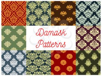 Damask pattern set and seamless vector flourish tracery Floral adornment of luxury ornamental and antique flowers. Vintage baroque or rococo motif design for interior decor ornaments and tiles