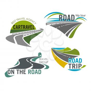Travel trip icons set of roads for tour and tourist agency. Isolated symbols of highway and motorway tunnel for traveler adventure journey and car or bus travel service company
